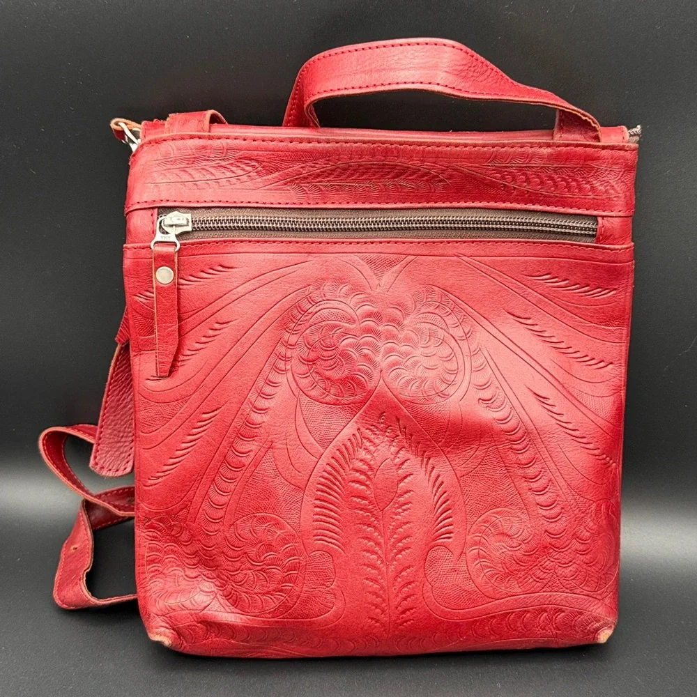 Red and Black Embossed Leather Crossbody Bag - Picture 6 of 13
